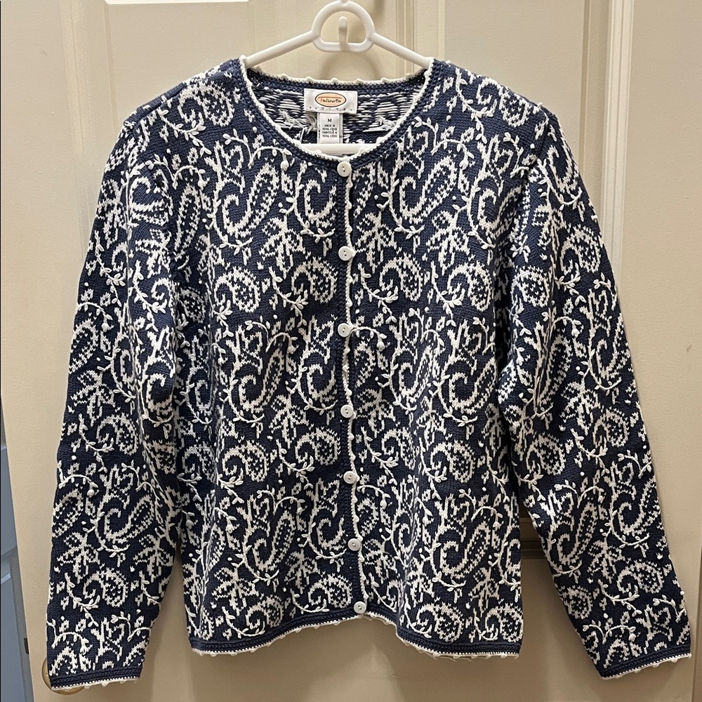 Talbots Navy and White Floral Cardigan